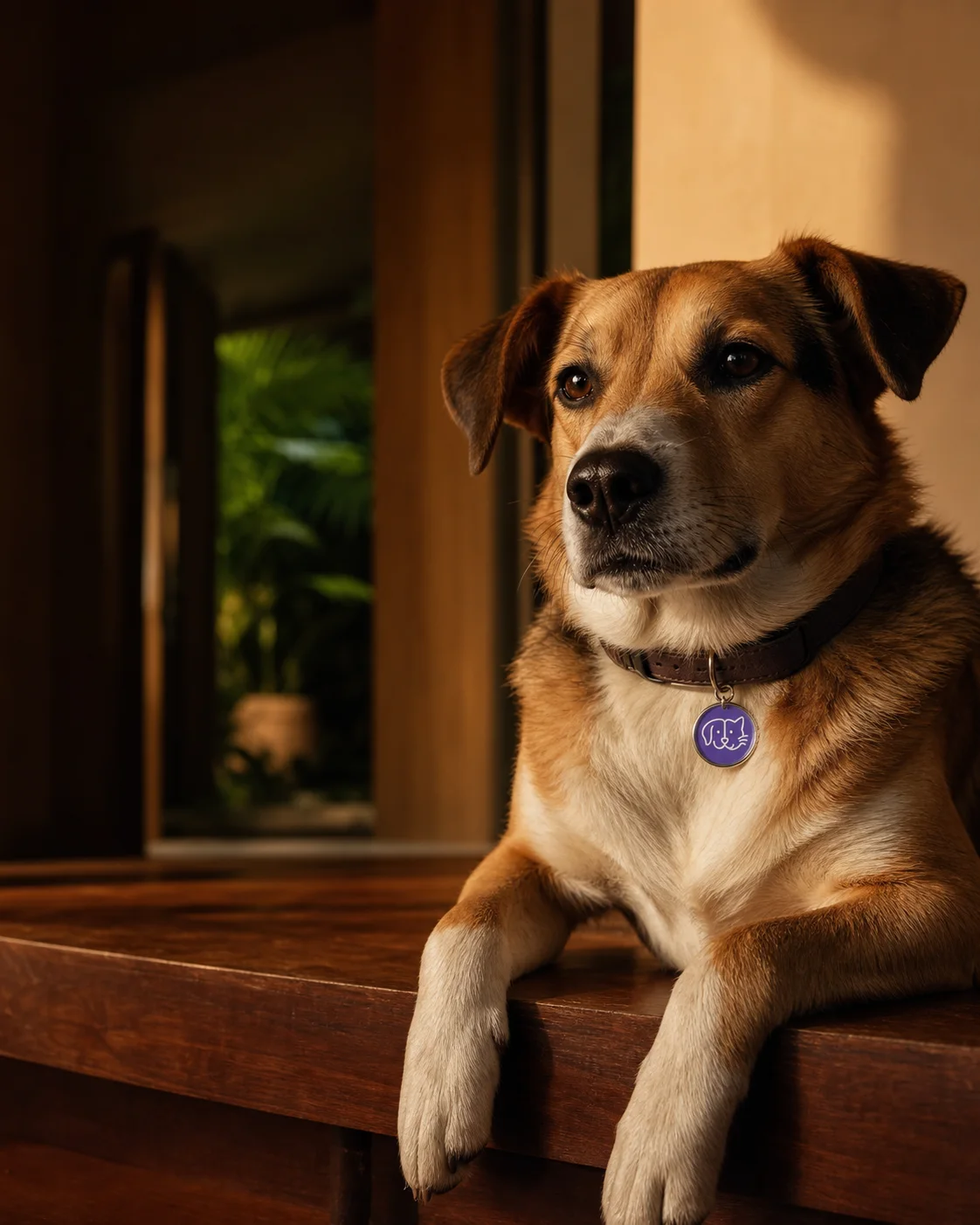 Perro usando la placa morada Pet Orbit