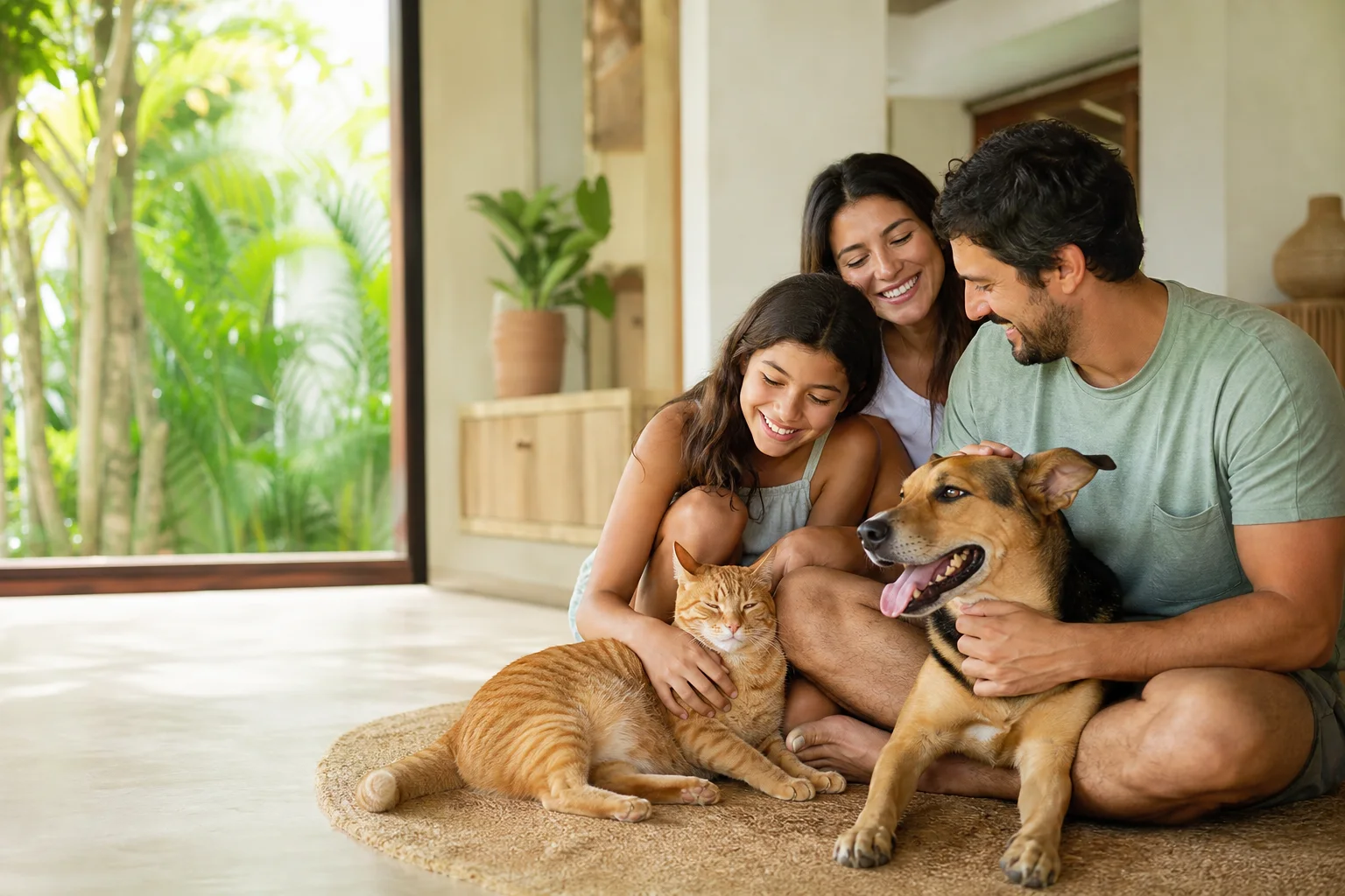 Familia costarricense compartiendo con su perro y su gato